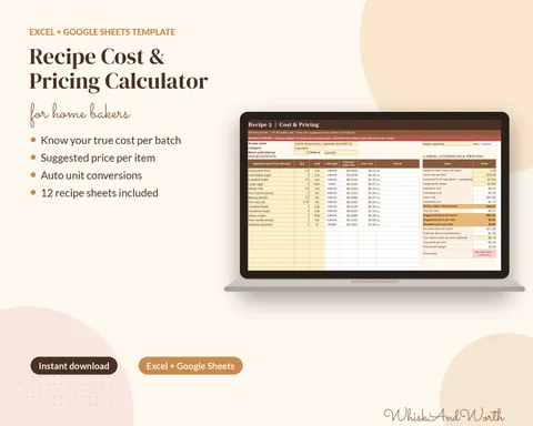 Bakery pricing calculator spreadsheet on a laptop showing recipe cost, labor and suggested price per item