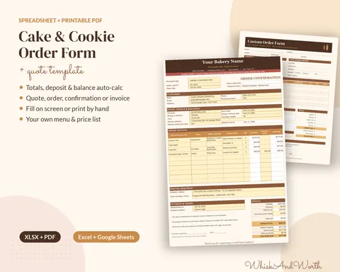 Cake order form template filled in with customer details, event date, flavors and order totals