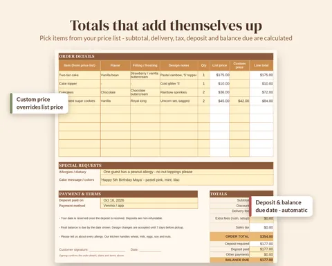 Bakery quote spreadsheet automatically adding item prices, delivery fee, deposit and balance due