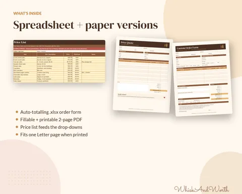 What's included: fillable PDF cake and cookie order form plus Excel and Google Sheets quote template