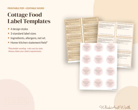 Cottage food label template on kraft cookie bags showing product name, ingredients, allergens and net weight