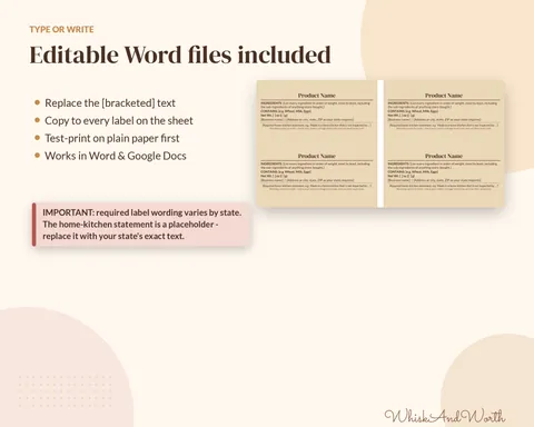 Editable Word bakery ingredient label being customized with business name and address