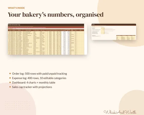 Inside the home bakery order log: order and income log, expense log and monthly dashboard tabs