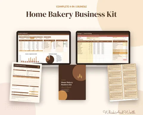 Home bakery business bundle preview: pricing calculator, order form, cottage food labels and tracker