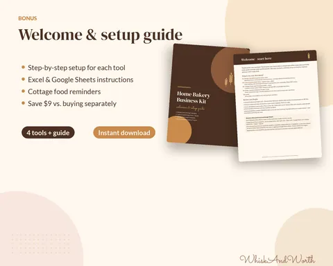 Bakery bundle setup guide showing the steps to start using each spreadsheet